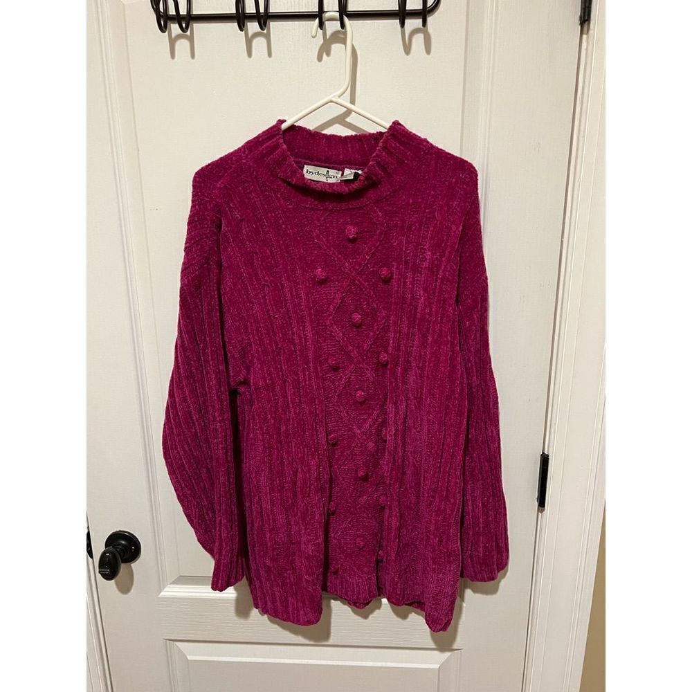 Vintage By Design bright Pink Sweater soft with balls down front